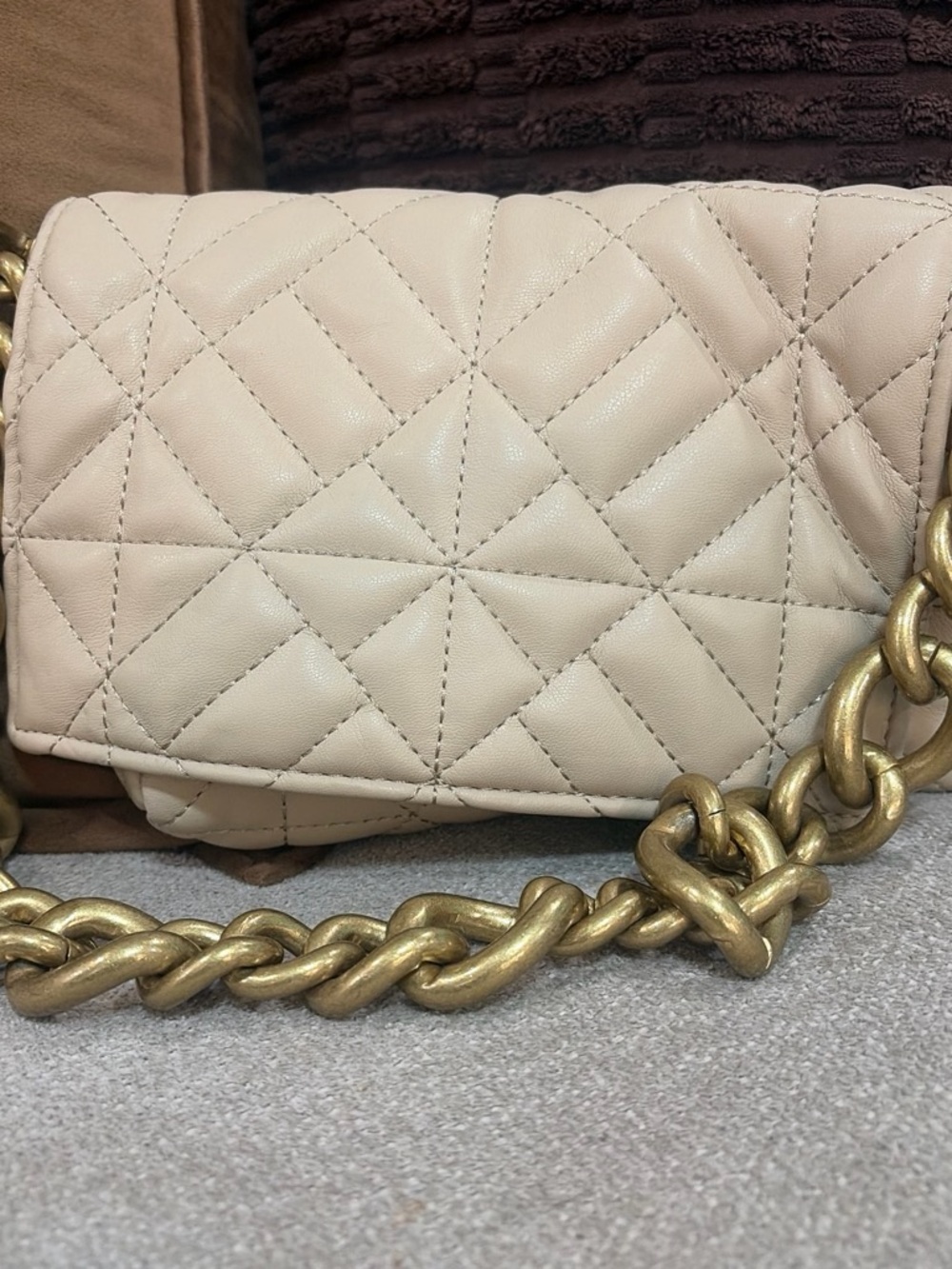 Zara Quilted Cream Shoulder Bag with Gold Chain Strap